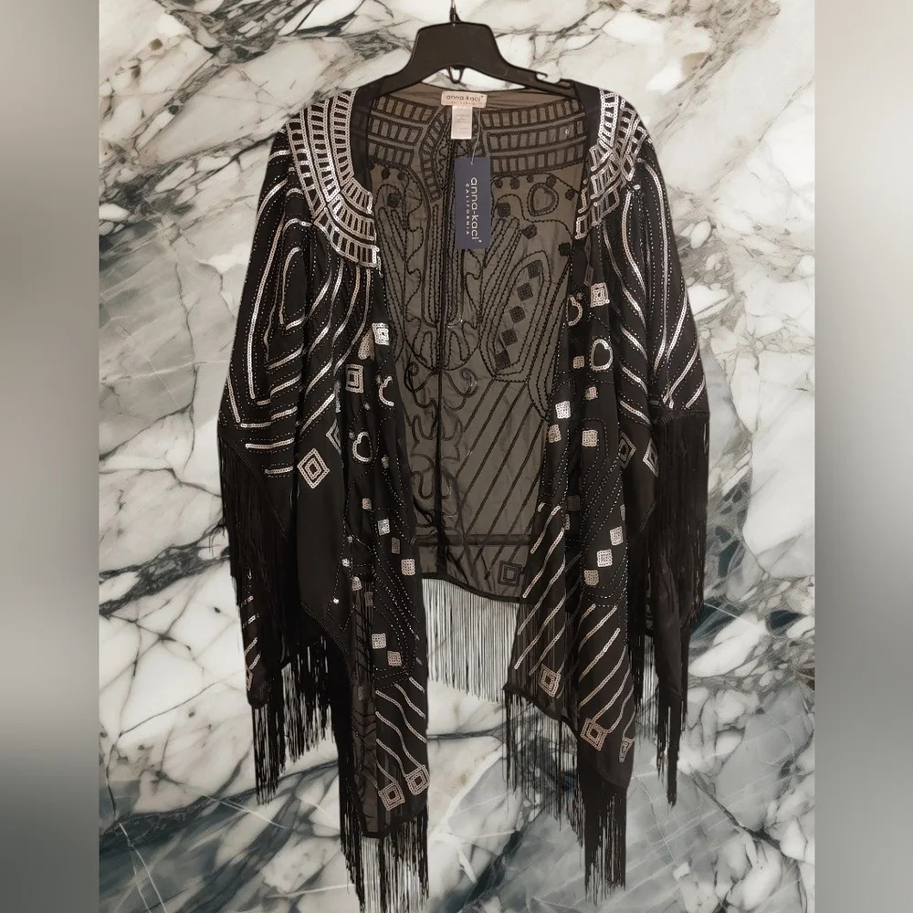 NEW Anna-kaci Shawl Wrap Cape Black With Silver Sequins One Size